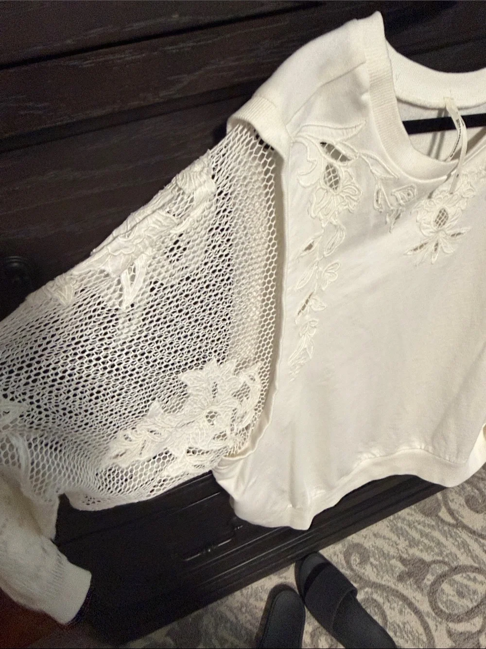 Anthropologie Cream Crochet-Sleeve Embroidered Sweatshirt
